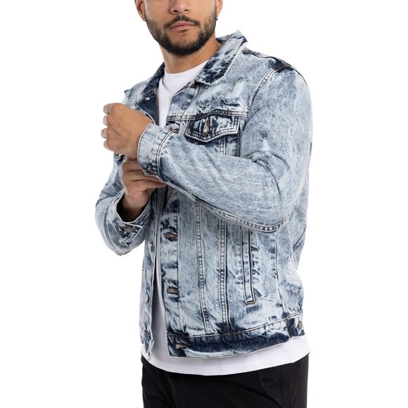 Mens  Acid Blue Denim Jacket Washed Ripped Distressed Stretch Casual Trucker - Picture 4 of 9